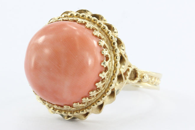 Vintage 14K Gold Angel Skin Coral Gothic Revival Ring - Queen May