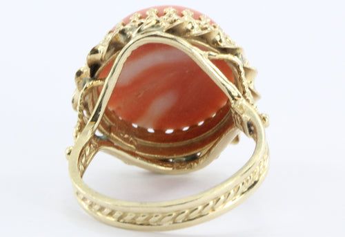 Vintage 14K Gold Angel Skin Coral Gothic Revival Ring - Queen May