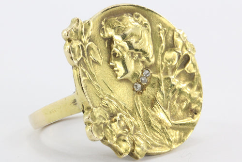 Art Nouveau 14K Gold & Diamond Gibson Girl w/ Iris Ring - Queen May