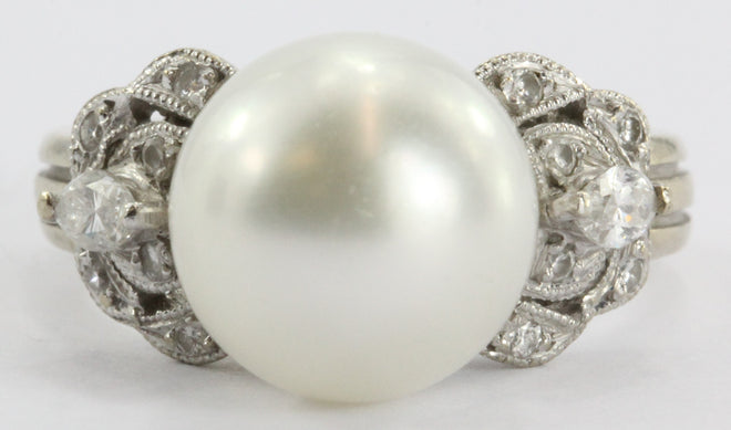 Vintage 18K White Gold 10mm South Sea Round Pearl & Diamond Ring - Queen May