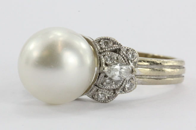 Vintage 18K White Gold 10mm South Sea Round Pearl & Diamond Ring - Queen May