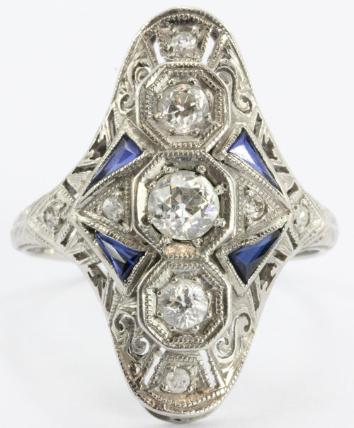 Antique Art Deco Platinum Old Mine Diamond & Sapphire Ring - Queen May