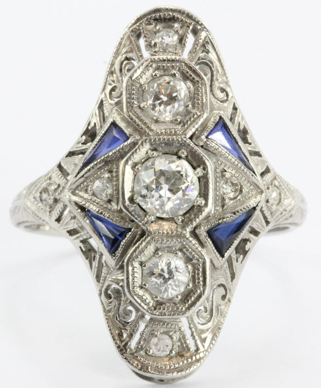 Antique Art Deco Platinum Old Mine Diamond & Sapphire Ring - Queen May