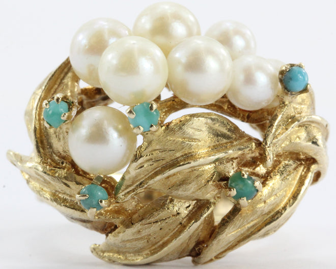 14K Gold Mid-Century Hollywood Regency Pearl & Turquoise Grape Cluster Ring - Queen May