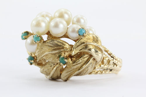 14K Gold Mid-Century Hollywood Regency Pearl & Turquoise Grape Cluster Ring - Queen May