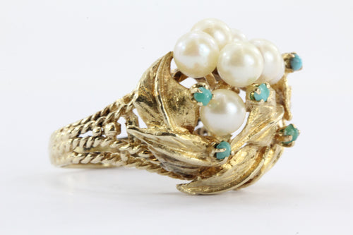 14K Gold Mid-Century Hollywood Regency Pearl & Turquoise Grape Cluster Ring - Queen May