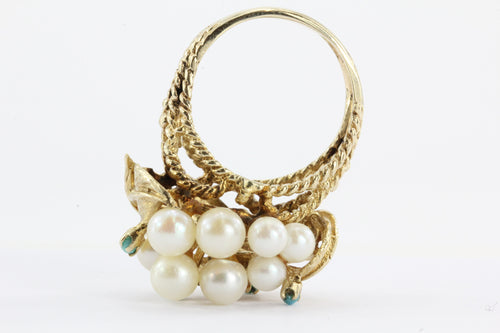 14K Gold Mid-Century Hollywood Regency Pearl & Turquoise Grape Cluster Ring - Queen May