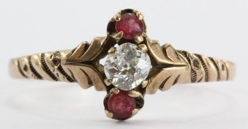 Antique Victorian Art Nouveau 10K Rose Gold Old Mine Cut Diamond & Ruby Ring - Queen May