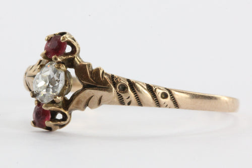 Antique Victorian Art Nouveau 10K Rose Gold Old Mine Cut Diamond & Ruby Ring - Queen May