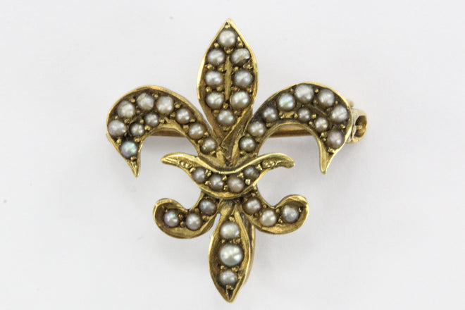 Antique 14K Gold & Seed Pearl Fleur De Lis Pin by Ehrlich & Sinnock - Queen May