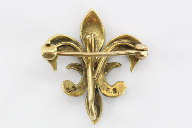 Antique 14K Gold & Seed Pearl Fleur De Lis Pin by Ehrlich & Sinnock - Queen May