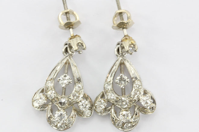 Antique Art Deco 14K White Gold & Diamond Dangle Earrings - Queen May