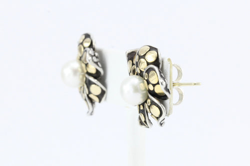 John Hardy 18K Gold Sterling Silver Pearl Flower Earrings - Queen May