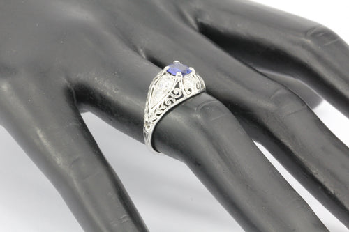 Art Deco Platinum Natural Sapphire & Old European Cut Diamond Ring c. 1920's - Queen May