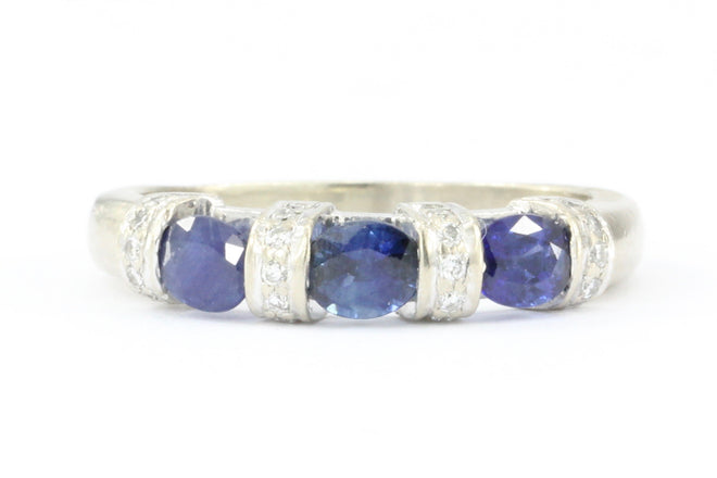 14K White Gold Natural Blue Sapphire & Diamond Ring Band Size 9.5 - Queen May