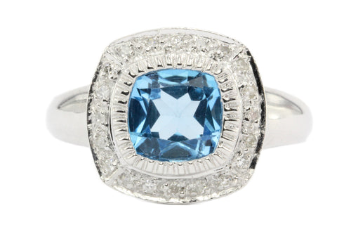 14k White Gold Blue Topaz & Diamond Ring Size 6.25 - Queen May