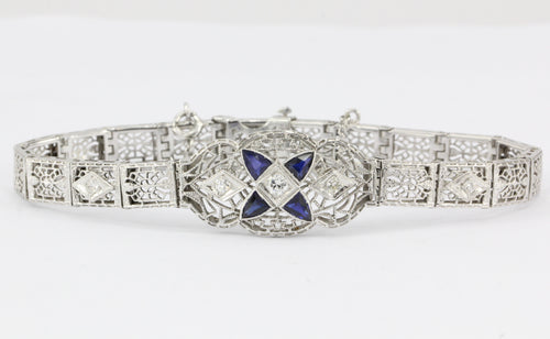 Art Deco 18K White Gold Diamond Sapphire Filigree Bracelet c.1920's - Queen May