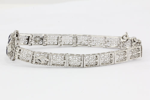 Art Deco 18K White Gold Diamond Sapphire Filigree Bracelet c.1920's - Queen May