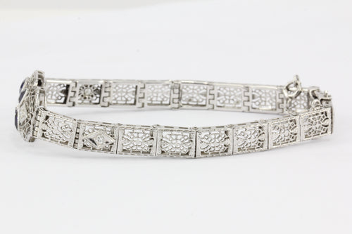 Art Deco 14K White Gold Diamond Sapphire Filigree Bracelet c.1920's - Queen May