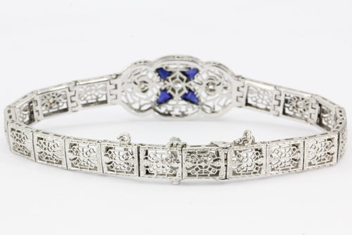 Art Deco 18K White Gold Diamond Sapphire Filigree Bracelet c.1920's - Queen May