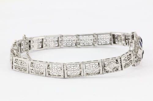 Art Deco 18K White Gold Diamond Sapphire Filigree Bracelet c.1920's - Queen May