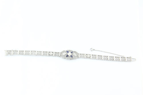 Art Deco 14K White Gold Diamond Sapphire Filigree Bracelet c.1920's - Queen May