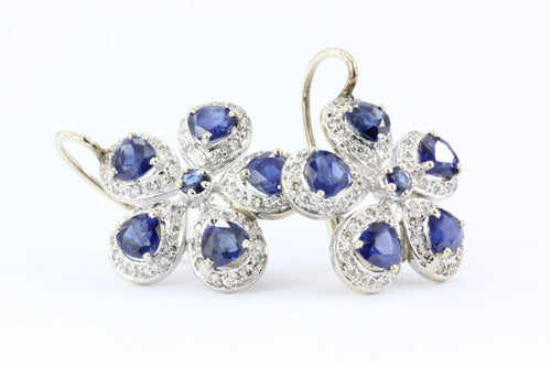 Retro 18K White & Yellow Gold Natural Blue Sapphire & Diamond Earrings - Queen May