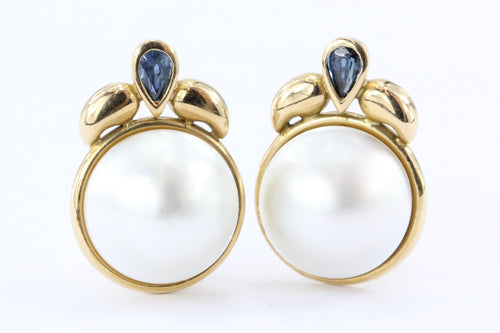 14K Gold Sapphire & 13.5 mm Mabe Pearl Earrings - Queen May