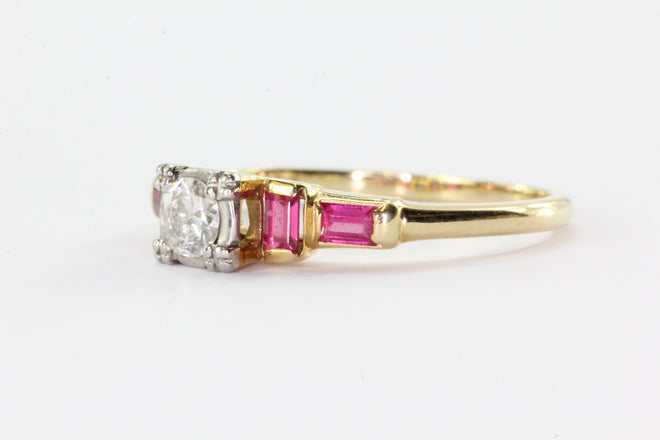 Antique Art Deco 14K Gold & Palladium Diamond & Ruby Engagement Ring - Queen May