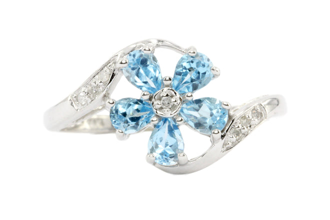 14k White Gold Blue Topaz & Diamond Flower Ring Size 7 - Queen May