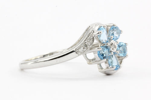 14k White Gold Blue Topaz & Diamond Flower Ring Size 7 - Queen May