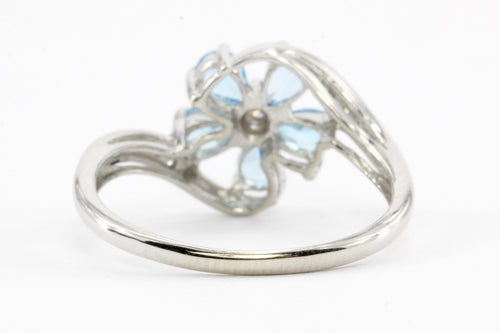 14k White Gold Blue Topaz & Diamond Flower Ring Size 7 - Queen May