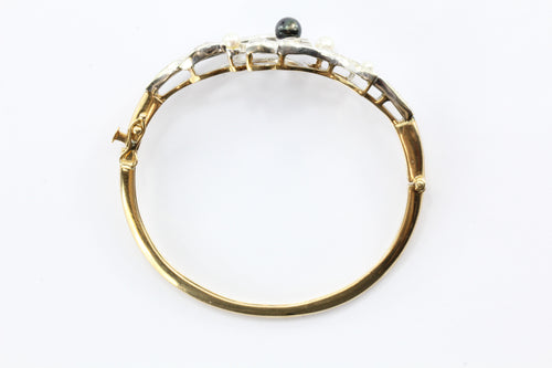 Vintage 14K White & Yellow Gold Diamond & Pearl Laurel Berry Bangle Bracelet - Queen May