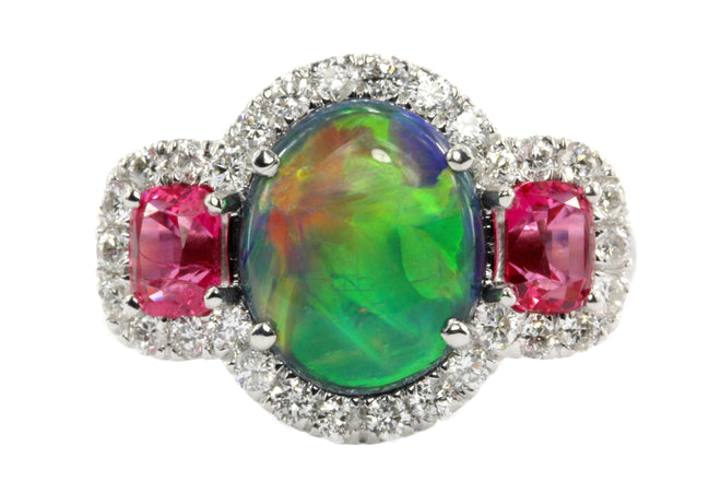 18K White Gold Australian Black Opal, Jedi Spinel & Diamond Ring - Queen May