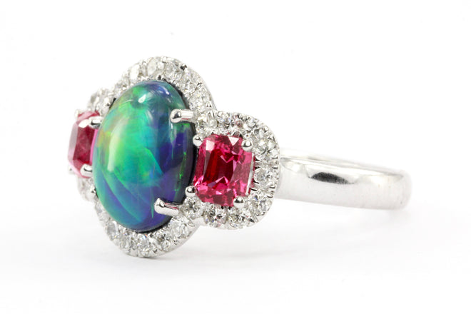 18K White Gold Australian Black Opal, Jedi Spinel & Diamond Ring - Queen May