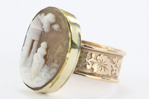 Antique Victorian 14K / 10K Gold Carved Shell Scenic Cameo Ring - Queen May