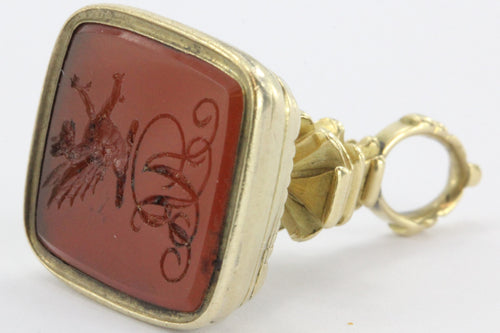 Antique Victorian 14k Gold Dragon Carnelian Wax Seal Fob - Queen May