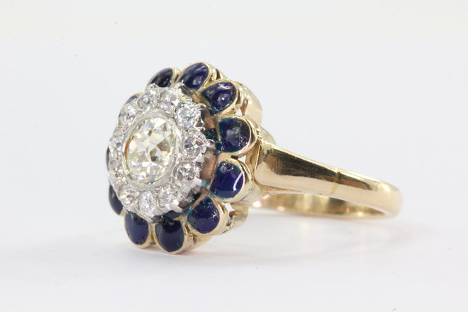 Antique Art Deco 14K Gold Old European Cut Diamond & Blue Enamel Ring - Queen May