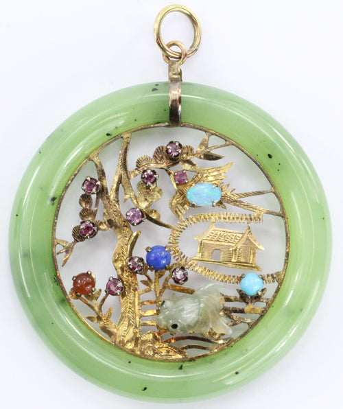 Vintage 18K Gold Chinese Amulet / Pendant w/ Jade, Ruby, Opal, Turquoise etc - Queen May