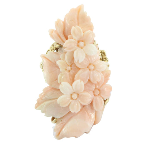 14K Gold Chunky Angel Skin Coral Carved Cherry Blossom Cocktail Ring - Queen May