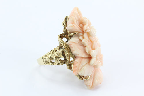 14K Gold Chunky Angel Skin Coral Carved Cherry Blossom Cocktail Ring - Queen May