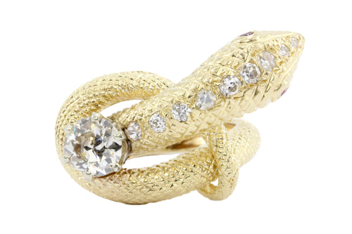 Retro 14K Gold Champagne Diamond & Ruby Coiled Snake Ring c.1950's - Queen May