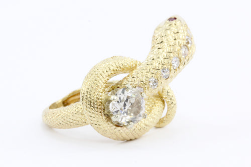 Retro 14K Gold Champagne Diamond & Ruby Coiled Snake Ring c.1950's - Queen May