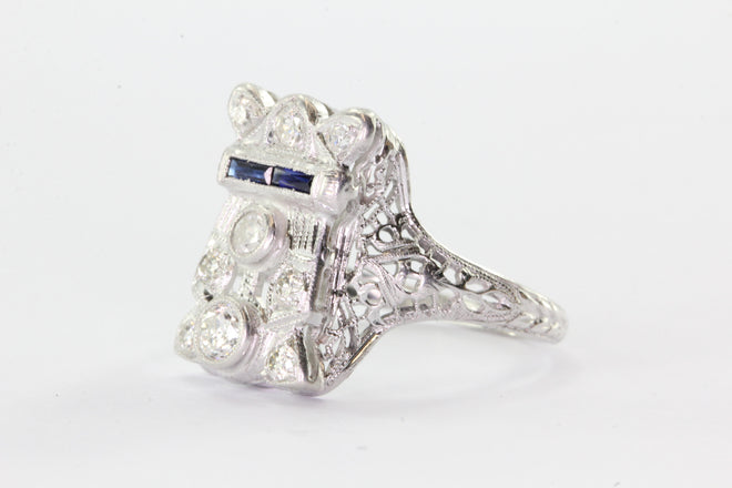 Antique Art Deco 14K White Gold Belais Diamond & Sapphire Ring - Queen May