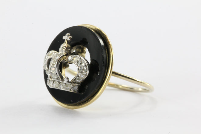 Antique Victorian 18K Rose Cut Diamond & Onyx Royal Crown Signet Conversion Ring - Queen May
