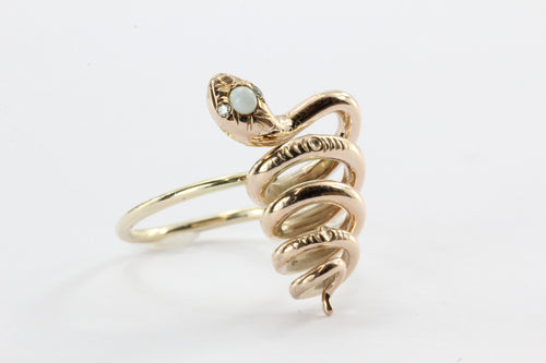 Victorian 10K Gold Curly Twisted Snake Opal Diamond Conversion Ring - Queen May