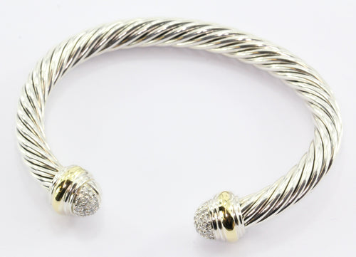 David Yurman Sterling Silver & 18K Gold Diamond Cable Classic Bangle Bracelet - Queen May