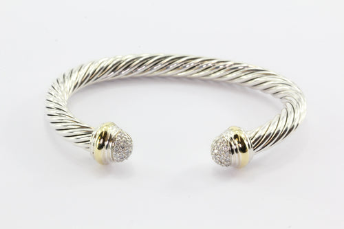 David Yurman Sterling Silver & 18K Gold Diamond Cable Classic Bangle Bracelet - Queen May