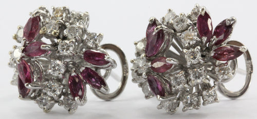 Vintage 18K White Gold Diamond & Ruby Cluster Earrings 2 CTW - Queen May