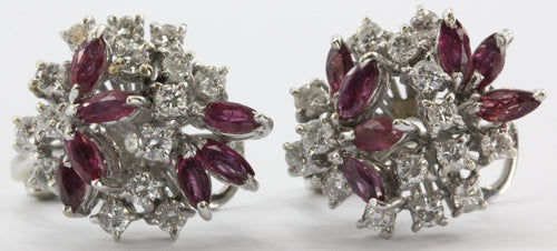 Vintage 18K White Gold Diamond & Ruby Cluster Earrings 2 CTW - Queen May